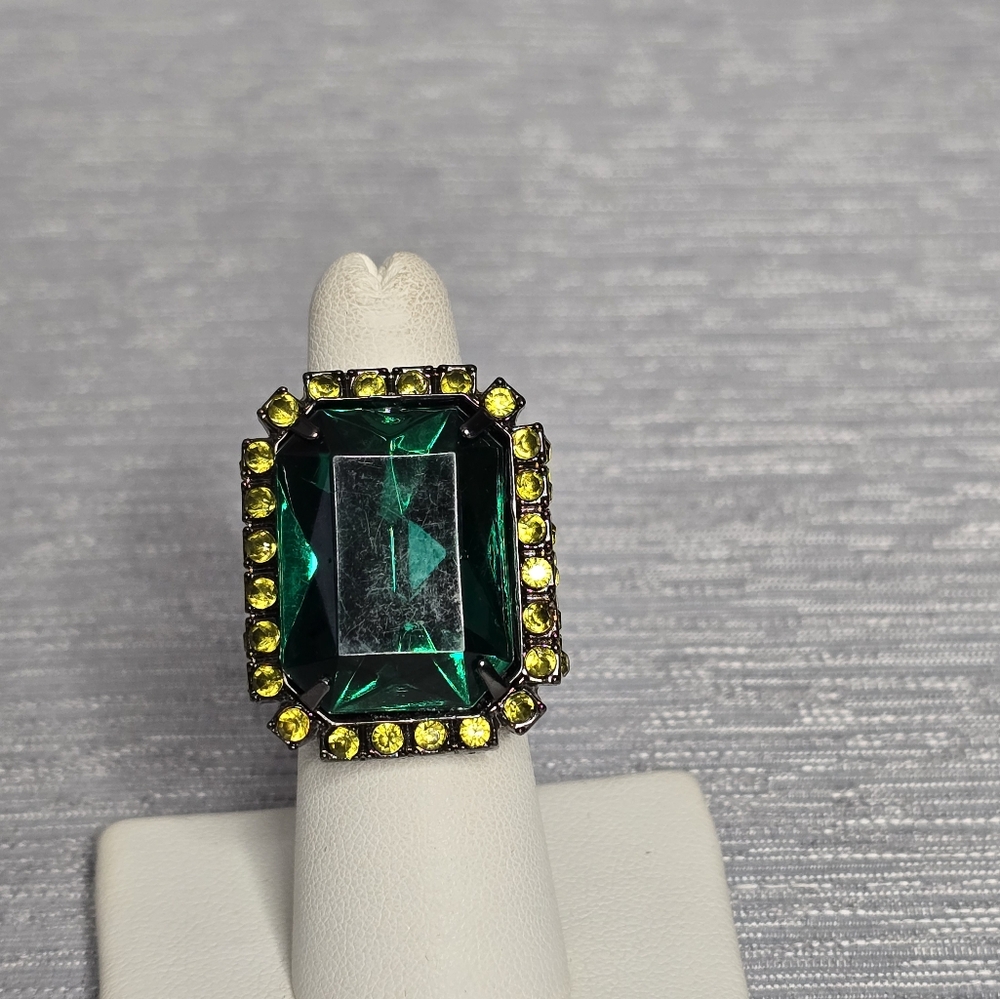 Gorgeous Aztec cocktail ring features a large, rectangular Faux Emerald Gemstone